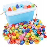 Klocki Drewniane Edukacyjne do Nawlekania Koraliki Montessori Układanka