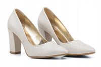 Czółenka na kołku srebrny brokat stabilne Sofia 40