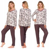 DAMSKA PIŻAMA Z DELIKATNĄ KORONKĄ MORAJ DŁUGI RĘKAW KWIATY WISKOZA BEŻ M