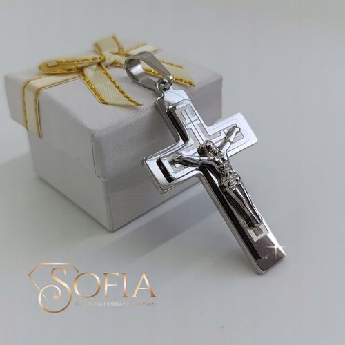 Srebrny duży krzyż z wizerunkiem Orginalna stal 316L na prezent na Arena.pl