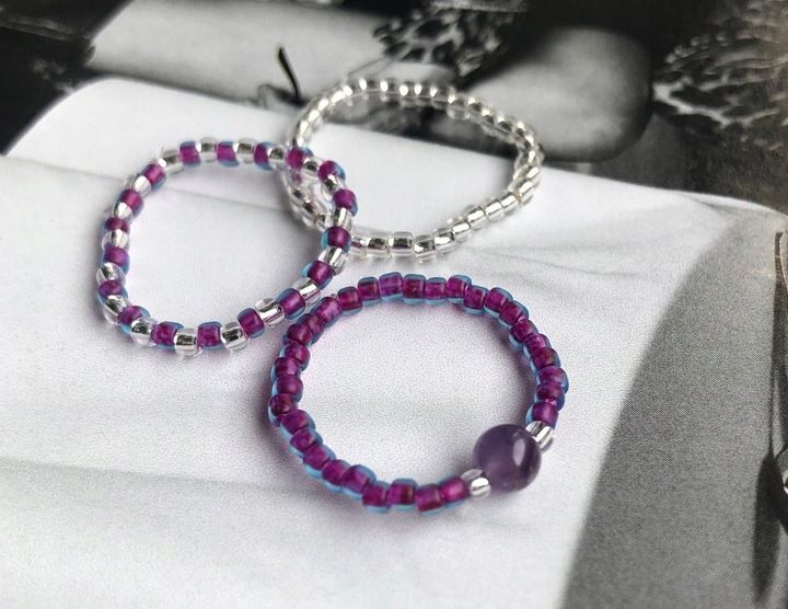 AMETYST PIERŚCIONKI Z KORALIKÓW ZESTAW 3 SZTUKI KORALIKI SREBRNE zdjęcie 7