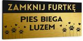 NADRUK UV Tabliczka nierdzewna ZAMKNIJ FURTKĘ pies biega luzem dibond 20x10