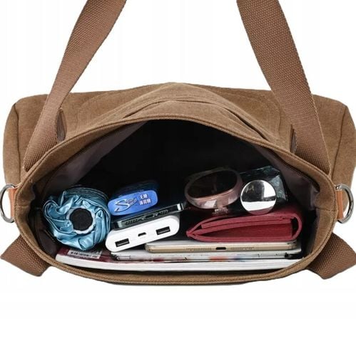 TORBA TOREBKA DAMSKA NA RAMIĘ POJEMNA MOCNA LISTONOSZKA PŁÓCIENNA BRĄZOWA na Arena.pl