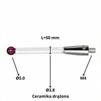 Rylec Trzpień M4, kula Ø5.0 mm, L=50 mm - Ceramika drążona (trzon Ø3.8)