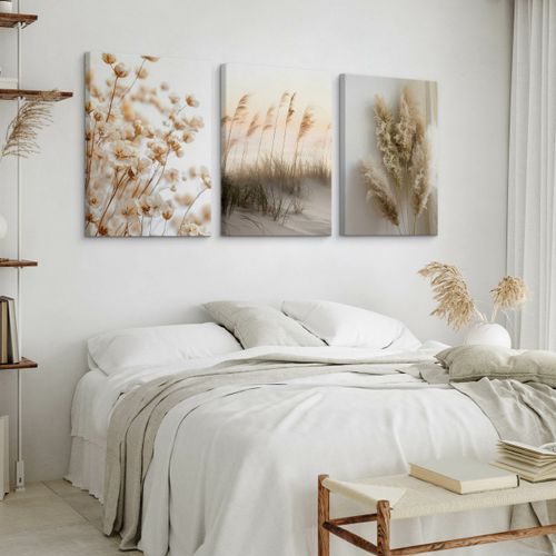 Obrazy Do Salonu Set Plaża Wydmy Trawa Pampasowa Kwiaty Boho 90cm x 40cm na Arena.pl