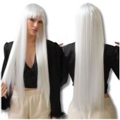 Peruka z grzywką długa biała siwe sztuczne włosy