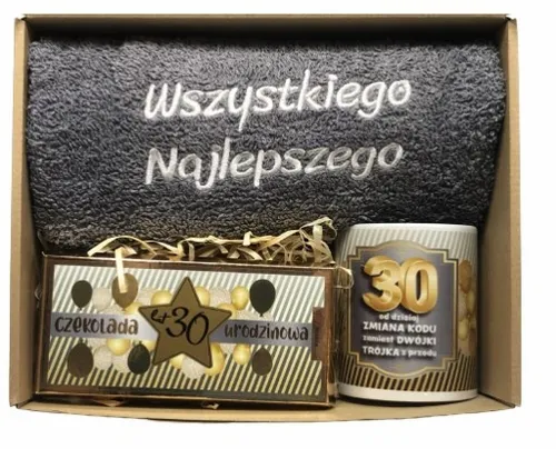 PREZENT NA URODZINY 18-70 Zestaw Kosz Prezentowy Ręcznik Kubek Czekolada na Arena.pl