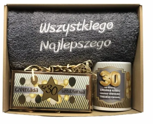 PREZENT NA URODZINY 18-70 Zestaw Kosz Prezentowy Ręcznik Kubek Czekolada zdjęcie 3