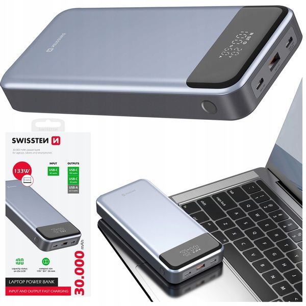 SWISSTEN POWERBANK do laptopa telefonu 30000 mAh PD QC 133W 2x USB-C USB-A zdjęcie 1