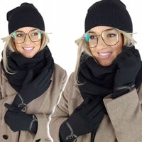 CIEPŁY zimowy KOMPLET damski CZAPKA + KOMIN + RĘKAWICZKI DOTYKOWE, CZARNY