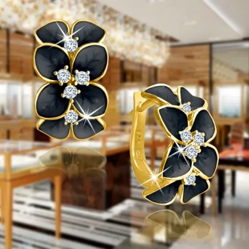 ZLOTE KOLCZYKI DLA KOBIETY KWIATY CZARNE, KOLCZYKI SREBRO PRÓBA 925 zdjęcie 5