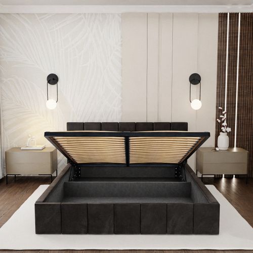 ŁÓŻKO TAPICEROWANE DO SYPIALNI 140x200 ŁÓŻKO PREMIUM Z POJEMNIKIEM CZARNE na Arena.pl