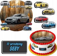 ZESTAW OPŁATEK NA TORT 20CM + 17 POSTACI - BMW AUTO + IMIĘ 15CM 18CM