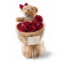 flower box, bukiet zapachowych kwiatów mydlanych z misiem, led 8szt.