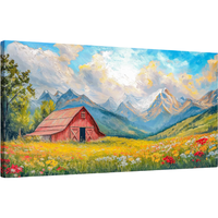 Obraz na Płótnie Ścienny Wiejski Krajobraz Łąka Stodoła Góry 50 x 100 cm
