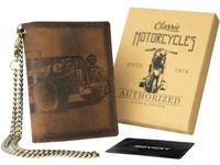 pionowy portfel męski ze skóry nubukowej z tłoczonym motywem i łańcuchem