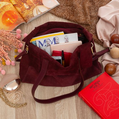 VERA PELLE torebka zamszowa shopper z paskiem na ramię V676 c.bordowa na Arena.pl