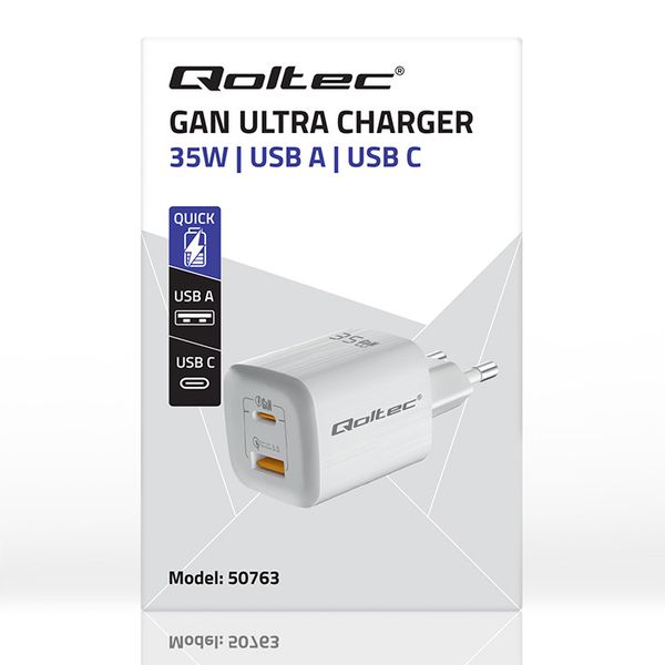 Qoltec Ładowarka sieciowa 35W GaN ULTRA | 5-20V | 2.25-3A | 1 x USB typ C PD | 1 x USB QC 3.0 | Biała zdjęcie 8