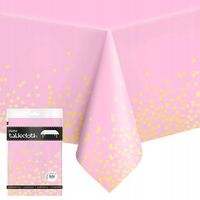 OBRUS FOLIOWY PROSTOKĄTNY RÓŻOWY W ZŁOTE KROPKI 137X274cm DUŻY
