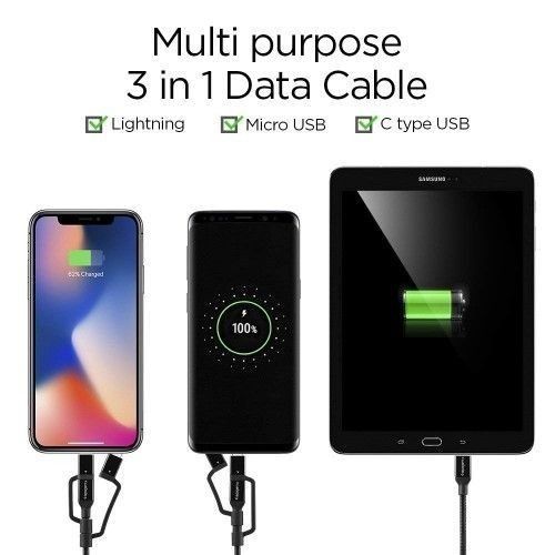 Spigen C10I3 3w1 USB-C, Lightning & microUSB Cable 150cm Black na Arena.pl