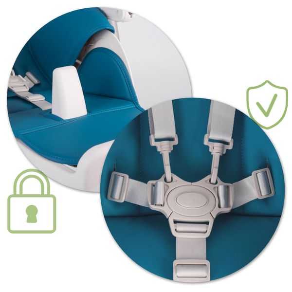 Krzesełko do karmienia ze stolikiem, leżaczek Belo ciemno niebieskie + pałąk z zabawkami zdjęcie 6