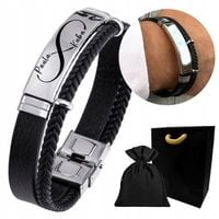 Bransoletka męska SKÓRZANA z GRAWEREM srebrna STAL prezent + GRAWER GRATIS