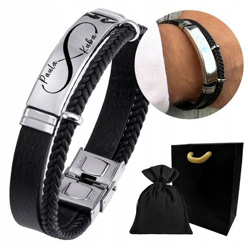 Bransoletka męska SKÓRZANA z GRAWEREM srebrna STAL prezent + GRAWER GRATIS na Arena.pl