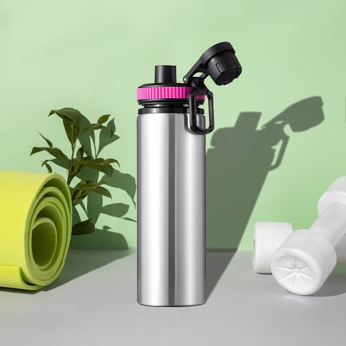 Srebrny bidon 850 ml - z rączką i zamykanym ustnikiem - z Twoim nadrukiem - różowa opaska na Arena.pl