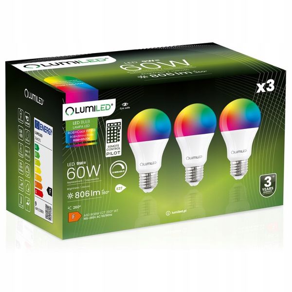 3x Żarówka LED E27 A60 9W = 60W 806lm RGBW Ściemnialna Inteligentna + zdjęcie 1