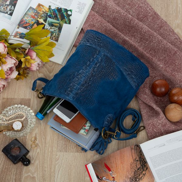 VERA PELLE torebka zamszowa listonoszka z frędzelkiem V479 c.jeansowa zdjęcie 2