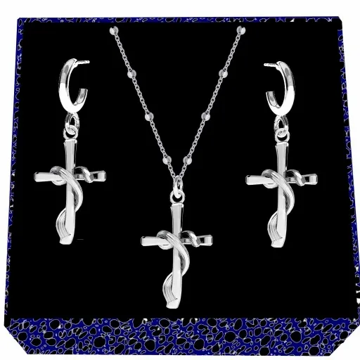 Krzyż krzyżyk opleciony srebrny komplet łańcuszek kulkowy srebro 925 zdjęcie 1