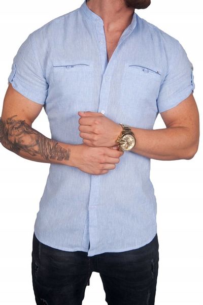 Koszula lniana kołnierzyk błękitna BG-1 rozm. 3XL zdjęcie 3