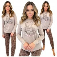 Piżama Damska Dwuczęściowa Długi Rękaw Z Misiem M Lily Beżowa