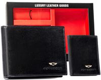 zestaw prezentowy: elegancki skórzany portfel, etui na karty i brelok