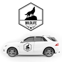 NAKLEJKA NA SAMOCHÓD TERENOWY sześciokąt wildlife napis wilk KAMPER 35 cm