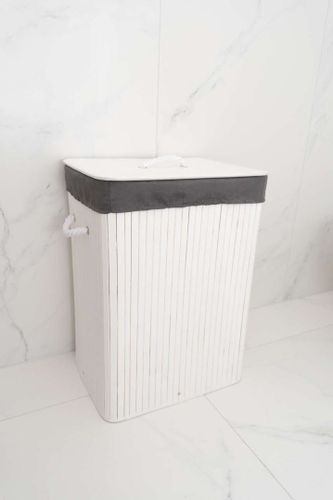 Kosz na pranie bambusowy z pokrywą 80L biało-szary na Arena.pl