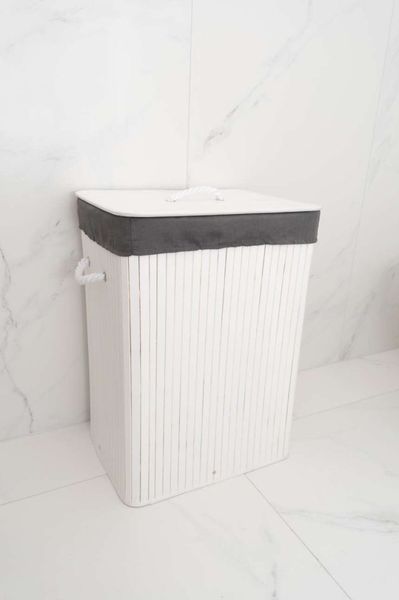 Kosz na pranie bambusowy z pokrywą 80L biało-szary zdjęcie 4