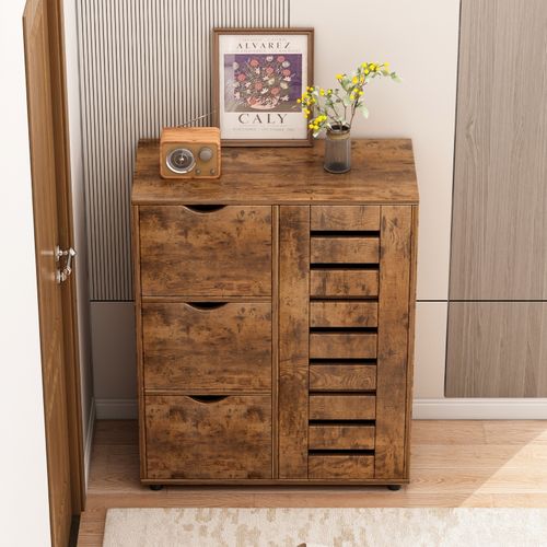 KOMODA DO SALONU CIEMNY BRĄZ SZAFKA POJEMNA DREWNIANA PÓŁKI LOFT 3 SZUFLADY na Arena.pl