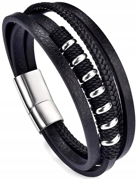 Czarna Bransoletka Punk Warkocz Męska Stal Skóra zdjęcie 2