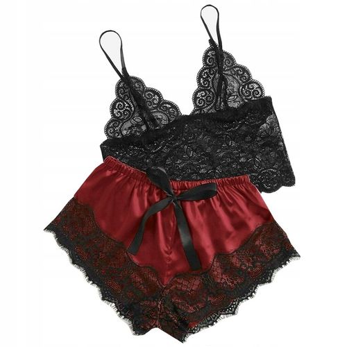 SATYNOWY KOMPLET SEXY BIELIZNA PIŻAMA TOP KOSZULKA NOCNA KORONKA SPODENKI na Arena.pl