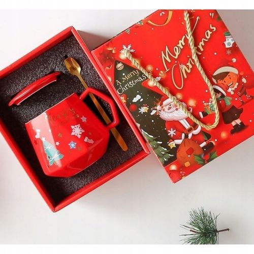 KUBEK ŚWIĄTECZNY - zestaw z pokrywką i łyżeczką 250 ml, Czerwony na Arena.pl