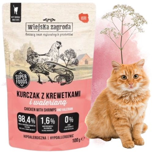 karma mokra dla kota kurczak z krewetkami i waleriana 100g wiejska zagroda na Arena.pl