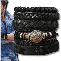 Zestaw męskich bransoletek skórzanych z koralikami i metalowym zdobieniem