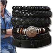 Zestaw męskich bransoletek skórzanych z koralikami i metalowym zdobieniem