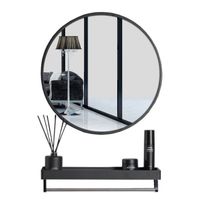 Lustro ścienne okrągłe 60 cm czarna rama z półka loft z uchwytem