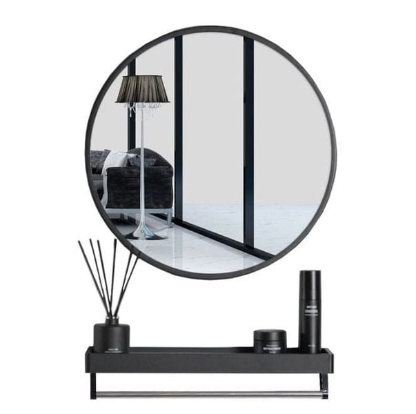 Lustro ścienne okrągłe 60 cm czarna rama z półka loft z uchwytem zdjęcie 1