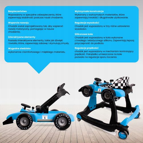 Interaktywny Chodzik jeździk pchacz Wyścigówka Formuła 1 3w1 niebieski na Arena.pl