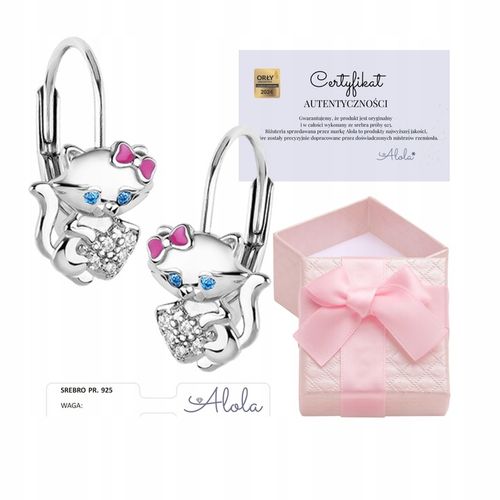 Kolczyki srebrne 925 kotki z kokardką dla dziewczynki chrzest/komunia na Arena.pl