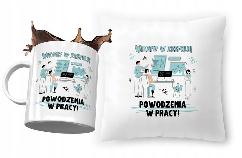 Zestaw Powitanie W Pracy Poduszka + Kubek Prezent Z Nadrukiem Ze Zdjęciem zdjęcie 1