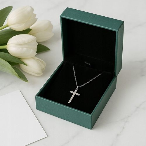 SREBRNY ŁAŃCUSZEK Z KRZYŻYKIEM POLEROWANA STAL CHIRURGICZNA + SZKATUŁKA na Arena.pl